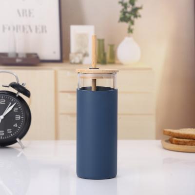 China Silicone Viable Sleeve Glass Water Bottle 16oz Bamboo Lid Personalized Glass Cup Mouth Water Tumbler Straw Silicone Wide Sleeve Bottle for sale