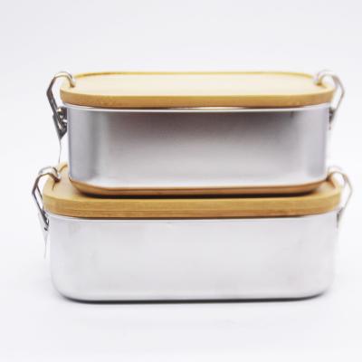 China Sustainable Portable Airtight Metal Stainless Steel Lunch Bread Bento Box With Bamboo Lid for sale