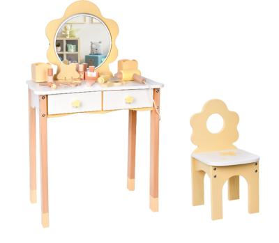 China Children's Dresser Set Cosmetic Toy Makeup Set Floral Wooden with Makeup Accessories Flip Mirror Princess Play Toy for sale