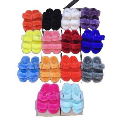 China Cushioning 2021 Open Toe Mule Home Slide Fluffy Ladies Slippers Shape Women To Buckle Fur Summer Fuzzy Sandals for sale