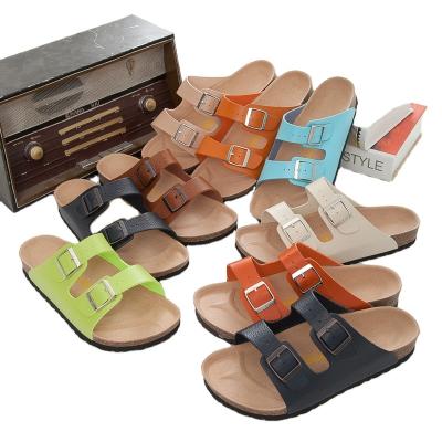 China 2021 Light Weight Fashion Ladies Slippers And Sandals Leather Two Straps Cork Sole Sandals Soft Wholesale Luxury Shoes for sale