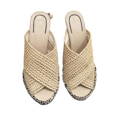 China Breathable designer Summer heeled high quality luxury brand women's slides straw shoes famous sandals slippers for sale