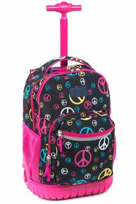 China All Over Screen Print Pink Trolley School Bag Wheeled Rolling Backpack Luggage For Girls for sale