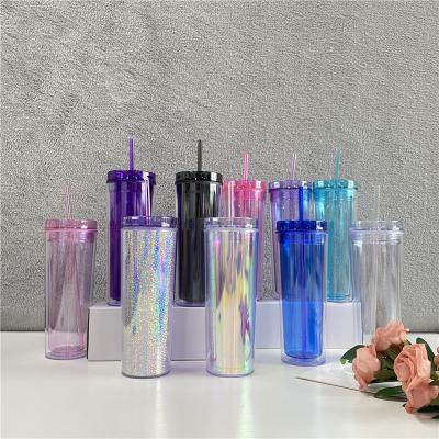 China 19oz Double Wall Staight Tumbler Tall Slim Water Bottle Viable Plastic Clear Acrylic Plastic Sequins Glitter With Straw for sale