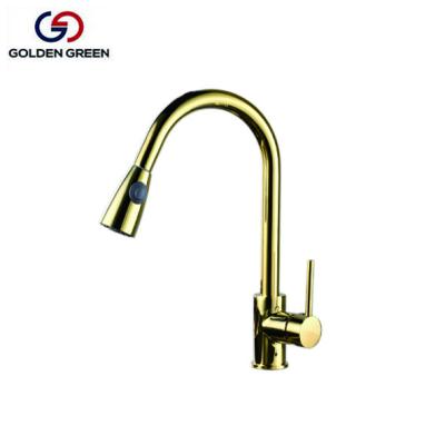 China Thermostatic Faucets Titanium Plating Gold Single Handle Kitchen Faucet With Plastic Sprinkler Head for sale