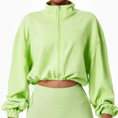 China Cotton+polyester factory price long sleeve sweater yoga top sports zipper coat with drawstring design for sale