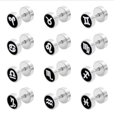 China Hiphop Fashion Round Stainless Steel Twelvezodiac Sign Ear Stud Ear Stud Trend Personality Anti Allergy for sale