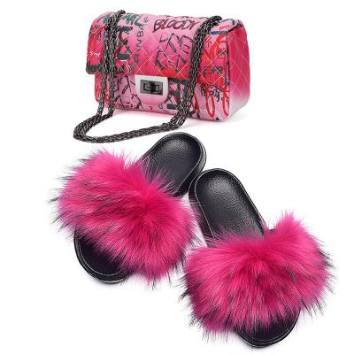 China Fashion trend jelly bag and fur zipper set women kids handbags with matching furry sandals slippers for sale