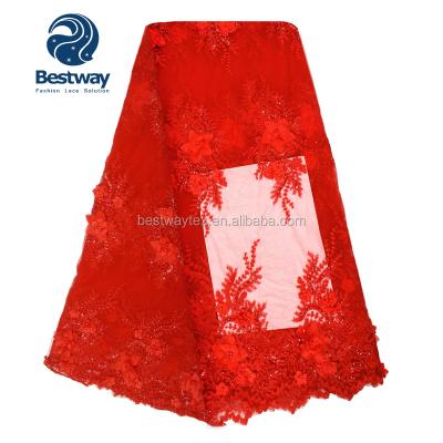 China Sustainable High Grade Beads Beaded Sequin Lace Fabric Red Hand Beaded Lace Fabric for sale