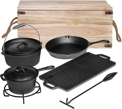 China Heavy Duty Dutch Pre Seasoned Outdoor Durable 6 Piece Cast Iron Oven Camping Cooking Set With Vintage Carry Storage Box for sale