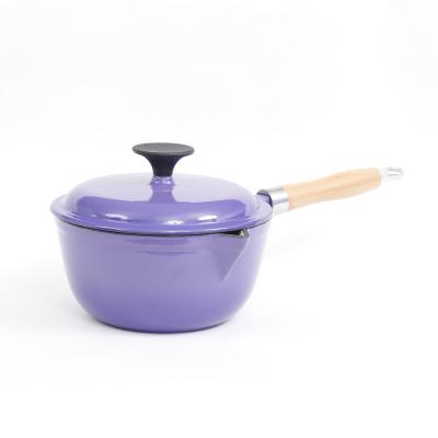 China Sustainable Hot Selling Enameled Cast Iron Milk Jar With Wooden Handle for sale