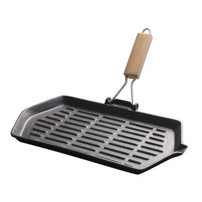 China General use for Gas Cast Iron Steak Pan Barbecue With Foldable Stainless Steel Wood Handle and Rectangular BBQ Grill Induction Cooker for sale