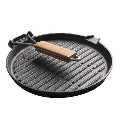 China General Use For Pan With Folding Stainless Steel Cast Iron Gas And Round Dish Grill Steak Induction Cooker Wood Handle for sale