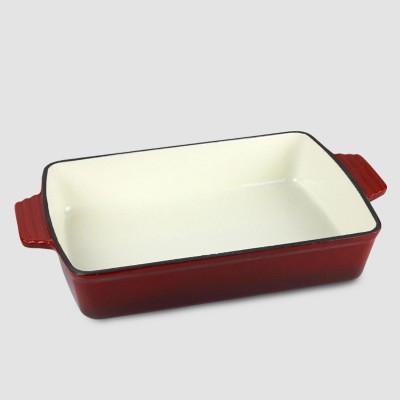 China Durable Enameled Rectangular Cast Iron Roaster Pan Deep Baking Dish Cookware Set Grill Pan With 2 Small Metal Handles for sale