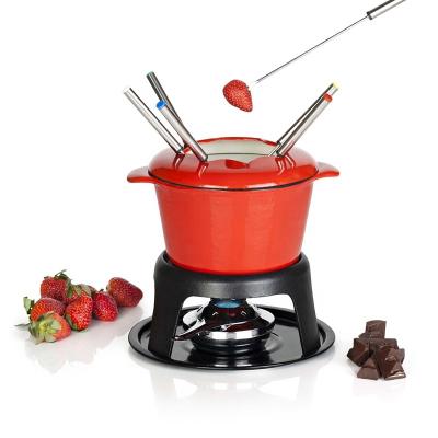 China Sustainable Cast Iron Fondue Set Hot Pot For Cheese Chocolate Ice Cream Meat Cooking Pot for sale