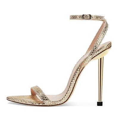 China Height Increasing 2020 Women Snake Leather Pointed Toe Metal High Heel Party Dress Shoes Summer Sandals for sale