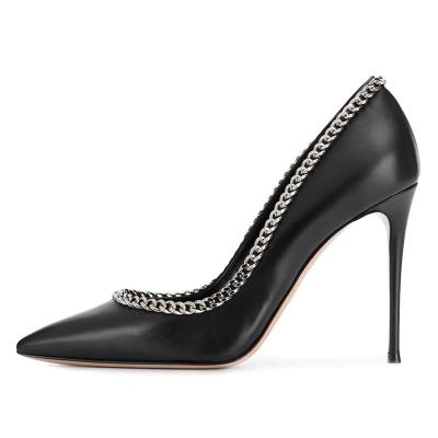 China Height Increasing Women's Black Peep Toe Metal Chain High Heels Stiletto Pumps for sale