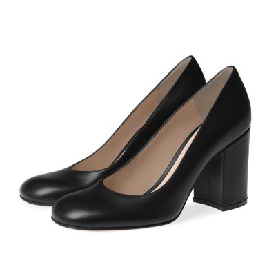 China Height Increasing Round Toe 8 Cm High Heel Black Shoes Chunky Heel Pumps For Women for sale