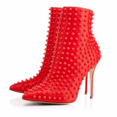 China Waist Increasing PU Leather Red Black Rivets Shape Pointed Toe Stiletto High Heels Ankle Short Boots for sale