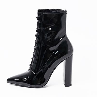 China Height Increasing 2020 New Patent Leather Women Led Toe Block Heel Booties Black Short Boots for sale