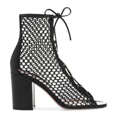 China Latest Tailingjia 2020 Breathable High Heel Black Mesh Ankle Boots For Summer Women Open Toe Chunky Heels Wide Size for sale