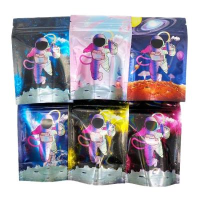 China Recyclable Holographic Smell Proof Astronaut Stitched Up Pouch 3.5g Resealable Zipper Mylar Bags for sale