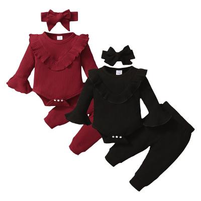 China Amazon Breathable Hot Selling Winter Baby Clothes Set 3Pcs Baby Designer Clothes Solid Color Ribbed Ruffle Babies' Clothing Sets for sale