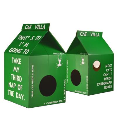 China New Style Recyclable Low Price Milk Carton Shape Gift Packaging Foldable Corrugated Paper Cat House Paper Cat Cattery for sale