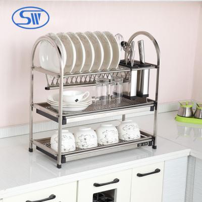 China 3 Tier Stainless Steel Dish Sustainable Tabletop Combination Style Dryer Tray Rack With Utensil Holder for sale