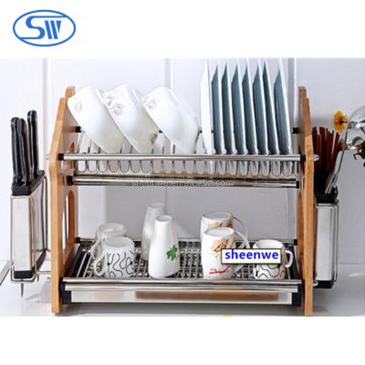 China New Sustainable Sheenwe Stainless Steel Kitchen Dish Rack Dish Rack Dish Rack Storage 2 Tier Dish Drying Wooden Rack for sale