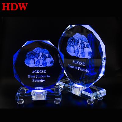 China Factory Wholesale Europe PuJiang Colorful LED Lights Trophy Crystal Awards Custom 3d Laser Engraving Crystal Glass Blue Trophies for sale