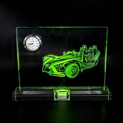 China Custom New Design k9 Europe Blank Wholesale Sublimation Crystal Trophy 3d Laser Engraving Logo Crystal Clock With LED Base for sale