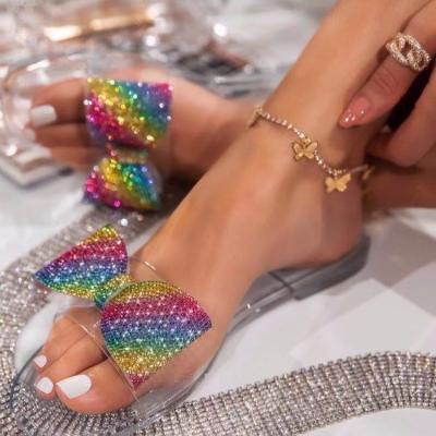 China 2022 Fashion Trend New Ins Women's Crystal Shoes Beach Colorful Bow Jelly Sandals Flip Flops Slippers Ladies Flat Outdoor Clear Shoe for sale