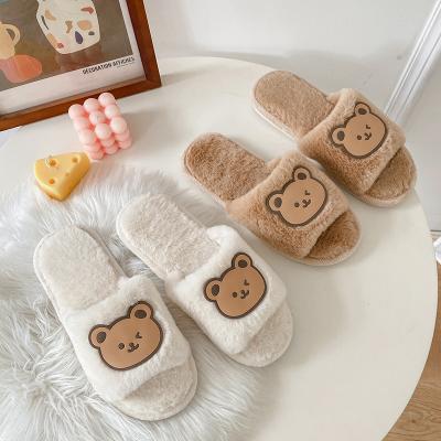 China Fashion Trend Winter Home Slippers Shoes Furry Toe Slides Women Warm Faux Fur Ladies Soft Plush Female Open Slippers for sale