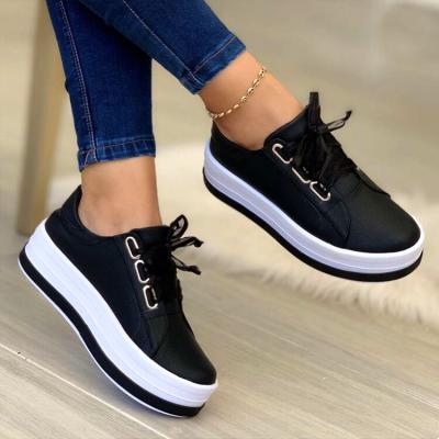 China Fashion trend sneakers ladies 2021 shoe platform women lace up sneaker sports leather trim outdoor running flat sports shoes for women for sale