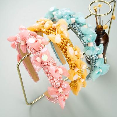 China Fashion Handmade Beaded Baroque Girls Crystal Rhinestone Headbands Pearl Headband Summer New Bow Korean Cute Hair Accessories for sale