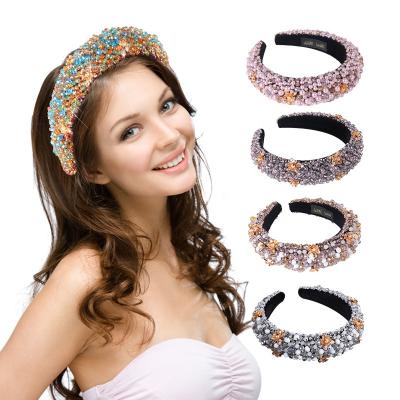 China Fashion Rhinestone Rhinestone Thickened Flower Pure Handmade Beaded Colorful Rhinestone Flower Cloth Gold Pearl Female Headband for sale