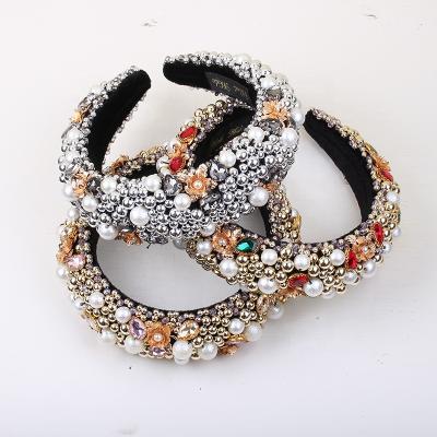 China New Retro Baroque Faux Stone Headband Crystal Beaded Fabric Hairpin Velvet Sponge Headband Hair Accessories For Women for sale