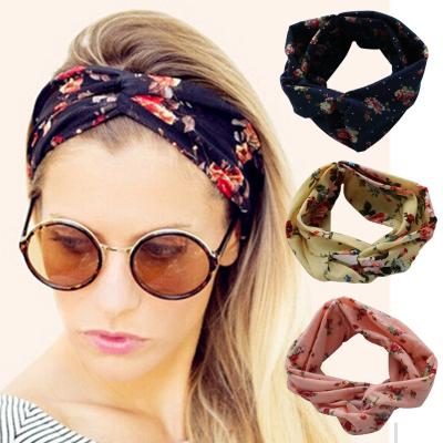 China Custom Bohemian Running Yoga Headband 91% Polyester 91% Spandex Floral Print Cross Logo Sports Wide Elastic Headbands 91% Polyester 91% Spandex Hair Band Girls Hair Band For Women for sale