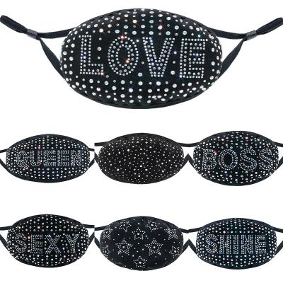 China Bling Party Facemask Express Black Cotton Trendy Rhinestone Fabric Sunscreen and Diamond Letters Rhinestone Crystal Mask Breathable for sale