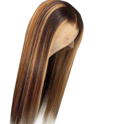 China Swiss Lace Brown T-Part Lace Front Wig Straight Honey Blonde Highlight Brazilian Lace Front Human Hair Wigs For Women Bleach Knots for sale