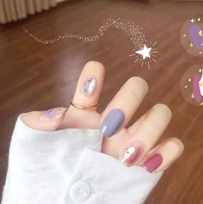 China Imported ABS Material 24 Pieces Reusable Long Nail Port Tip Taro Purple Blooming Gold Foil Artificial False Nail Tips for sale