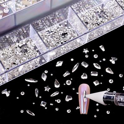 China Easy Apply 2021 White Crystal Mix Shape Fancy Formed In White Box Flat Bottom Glass Nail Rhinestone Art Decoration Accessories for sale