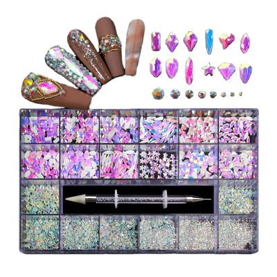 China Easy Apply 2021 New Mix Shape Fancy Aurora Protein Two-colo Formed In Box Flat Bottom Rhinestone Nail Art Decoration Glass Props for sale