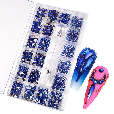 China Easy Apply whlesale Blue Nail Art Sapphire Mix Shape Fancy Formed In Box Flat Bottom Glass Rhinestone Nail Art Decoration Rhinestone for sale