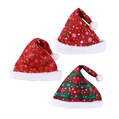 China Fabric Christmas Party Ornaments Santa Claus Snowflakes Plaid Christmas Hat for Kids and Adults for sale