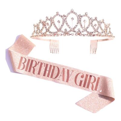 China Girl Satin Birthday Sash and Tiara Kit Birthday Gifts Rose Gold Birthday Gifts Glitter Rhinestone Sash for sale