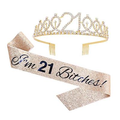 China Satin I'm 21 Female Sash and Tiara Set Rhinestone 21st Birthday Sash for Girl Women Fun Gifts Birthday Party Decorations for sale