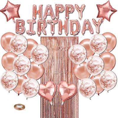 China Rose Gold Birthday Decorations Set Latex Happy Birthday Balloons Banner Foil Fringe Curtain For Birthday Party for sale