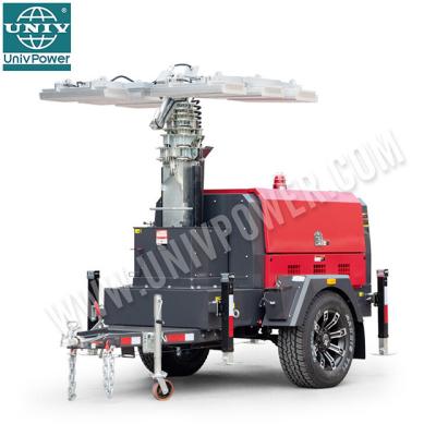 China Off-grid Solar High Mast Generator Diesel Light Tower with 4 Units 1000W Matel Halide Lamps for Mining Site for sale